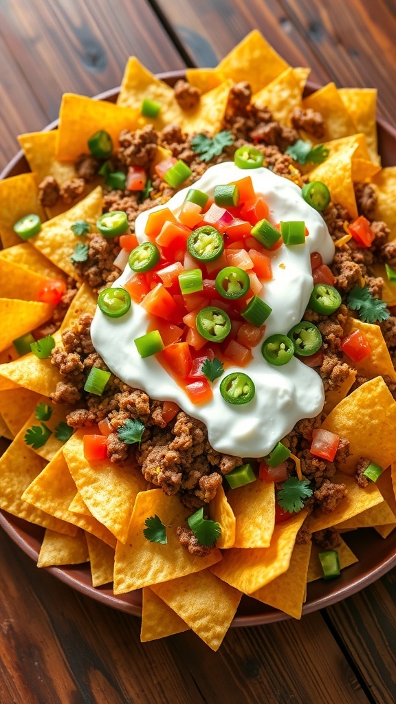 A colorful plate of loaded nachos with cheese, beef, guacamole, and toppings, ready to serve.